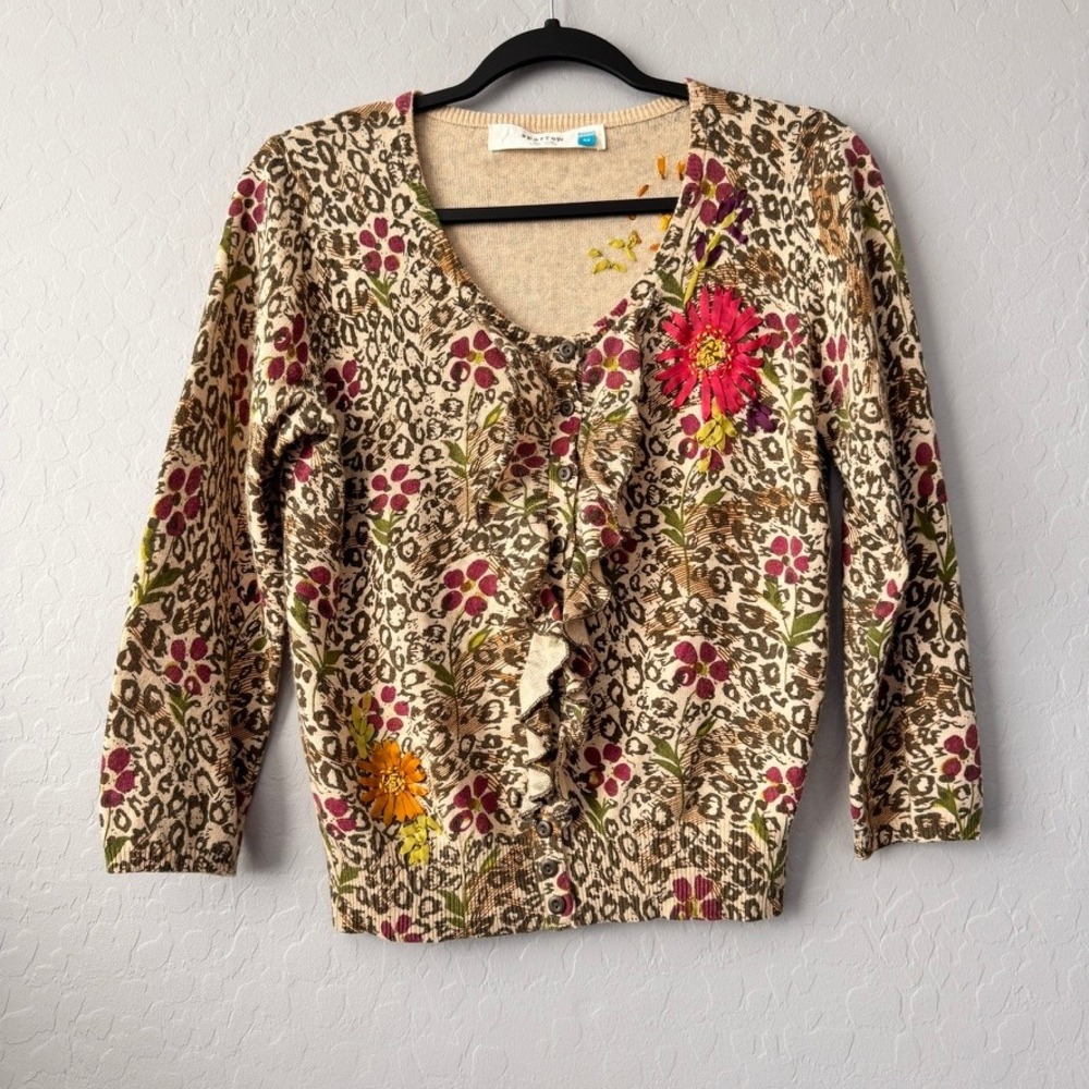 Sparrow Anthropologie M Cardigan Tan Leopard Floral 3/4Sleeve Ruffle Ribbon Trim